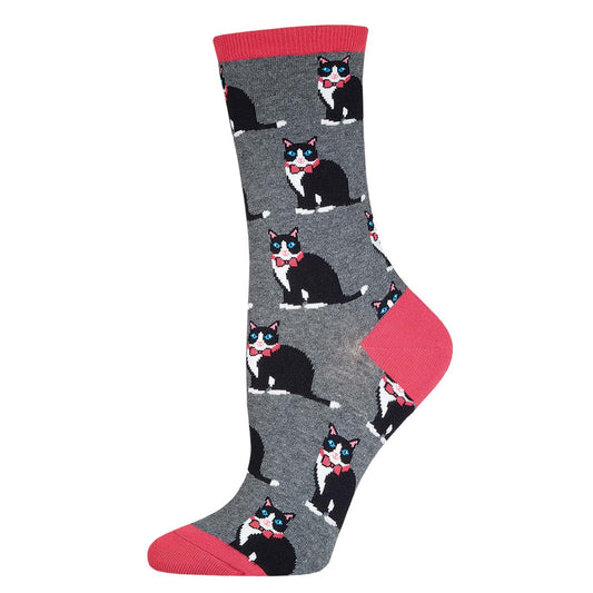 A pair of women's socks with a pattern of black and white cats wearing bow ties on a gray background with red accents.