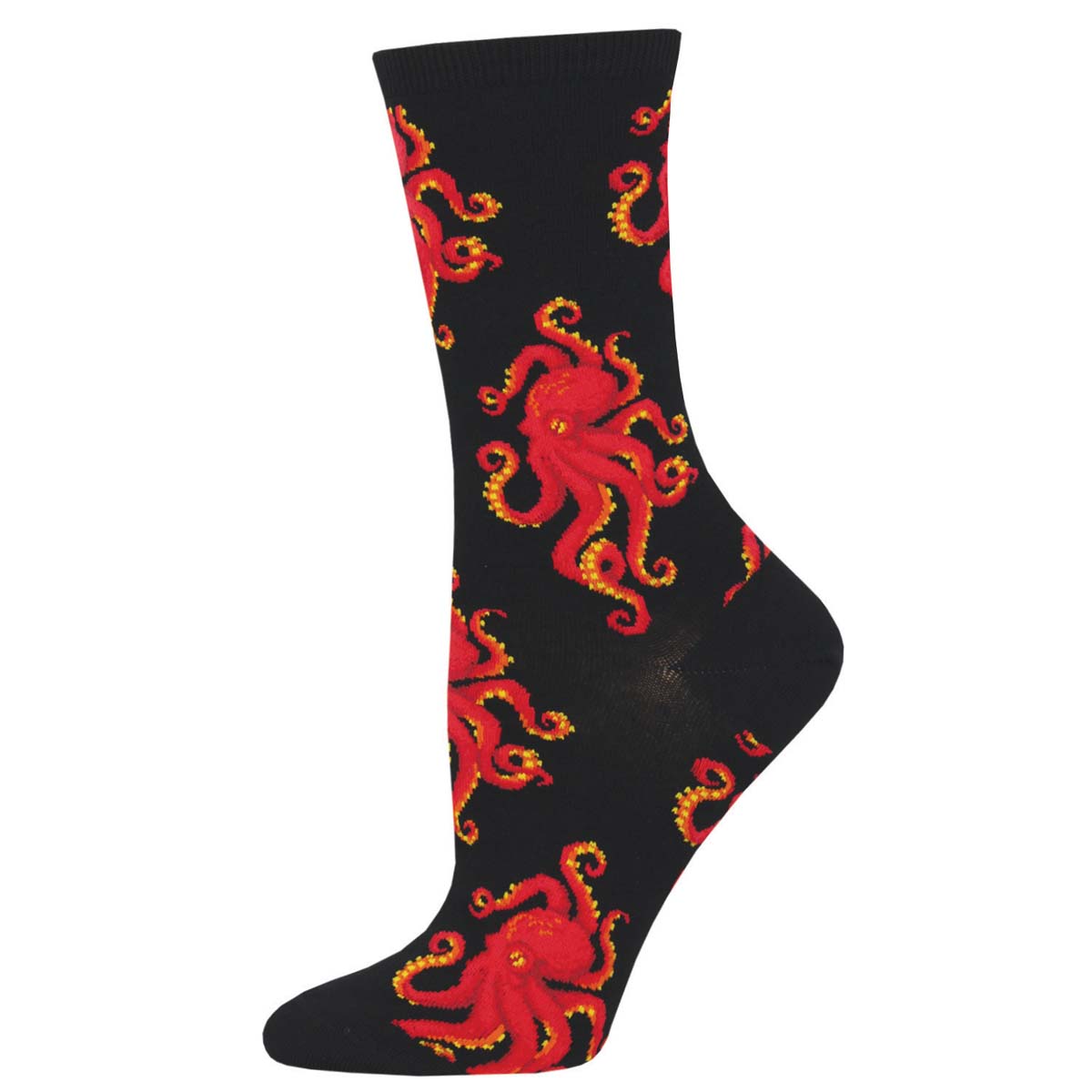Women's Cotton Crew Socks - Red Octopus Design on Black Background - Socksmith