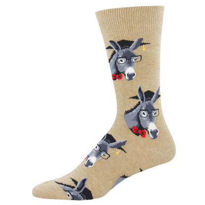 Beige sock with donkey illustrations wearing graduation caps, glasses, and bow ties