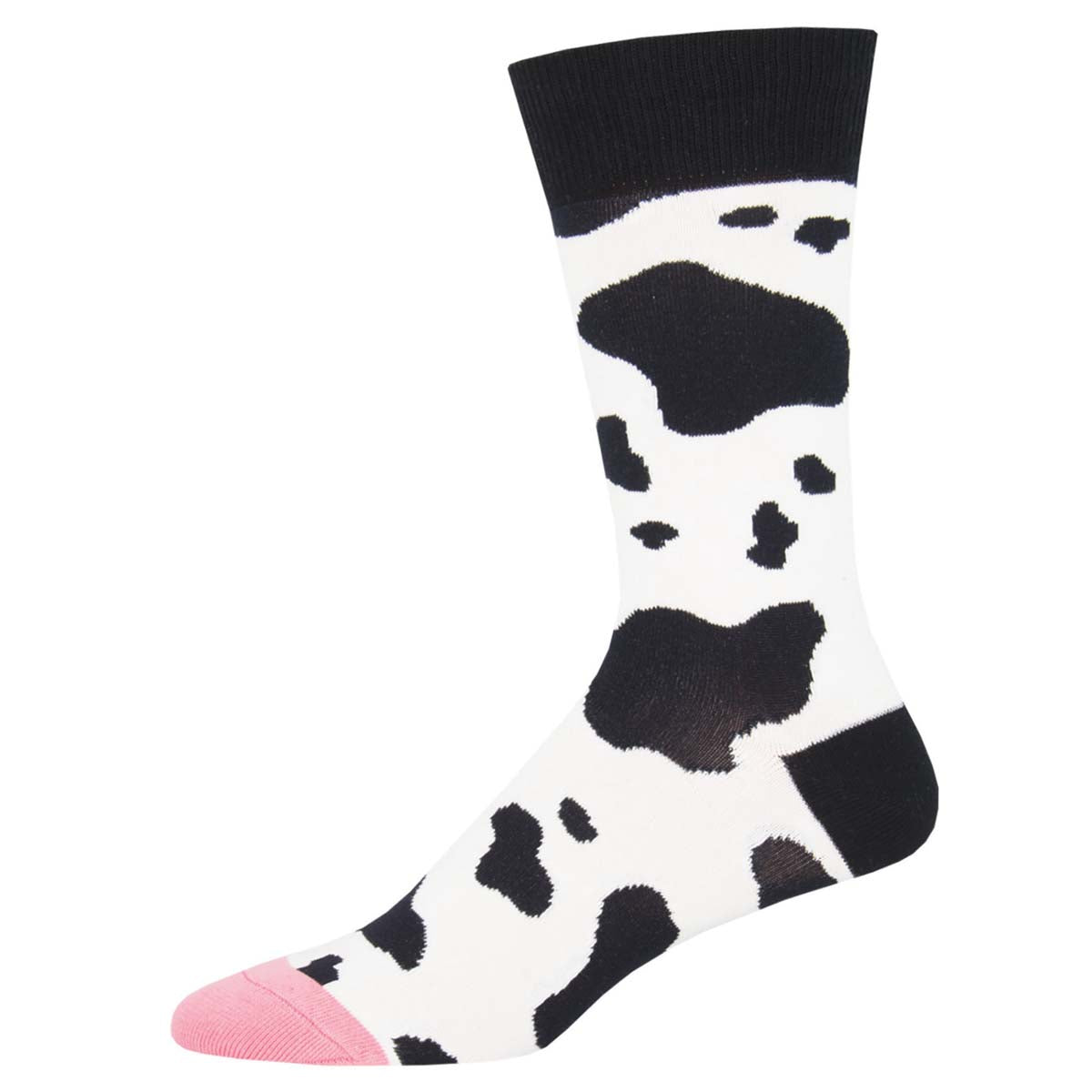 A pair of crew socks with a cow print design, predominantly black with white spots, and a pink toe tip.