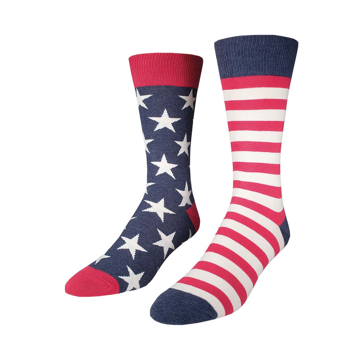 An American Flag style pair of socks with one featuring a pattern of stars on a blue background and the other featuring red and white stripes. 