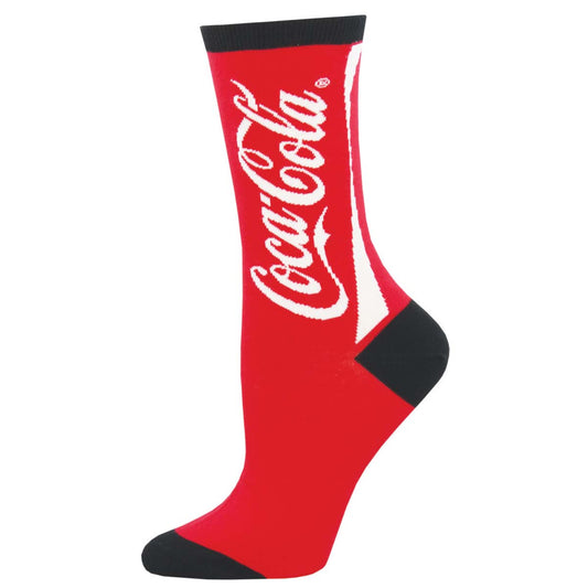 A red crew sock with the white text 'Coca-Cola' displayed prominently on the side.
