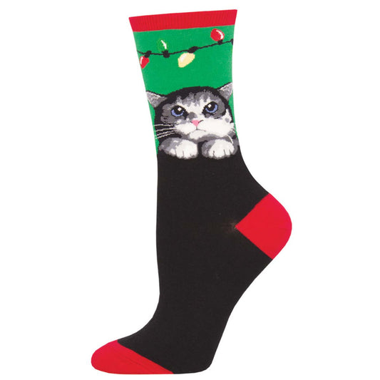 A pair of novelty cotton socks with a design featuring a cat and Christmas lights on a green and black background with red trim.