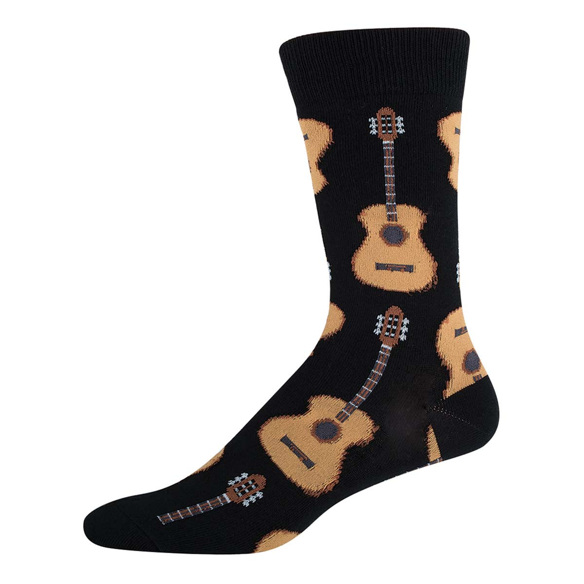 Black socks with brown acoustic guitar pattern