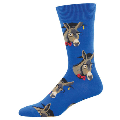 Blue sock with donkey illustrations wearing graduation caps, glasses, and bow ties