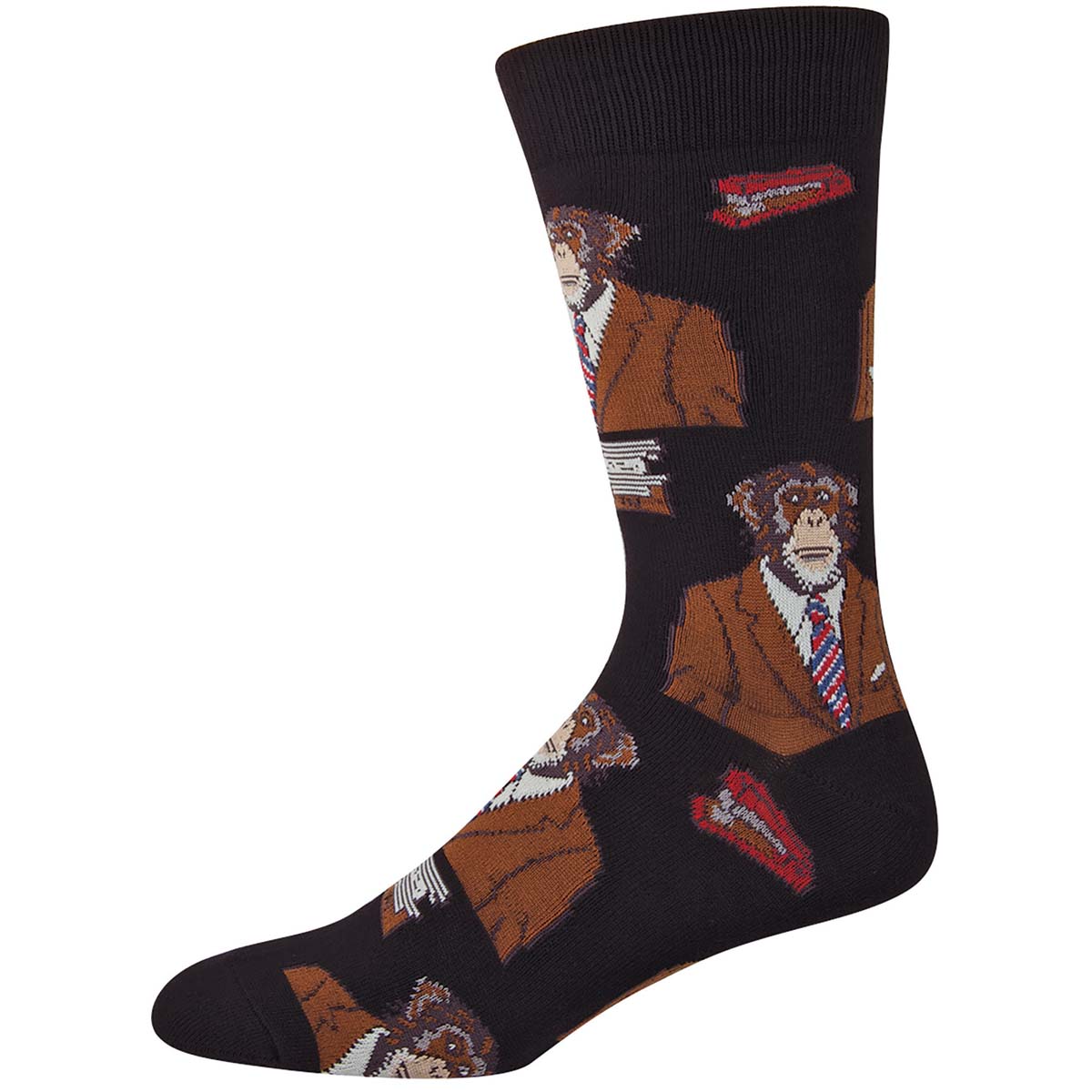 A pair of black crew socks with a pattern of monkeys in suits.