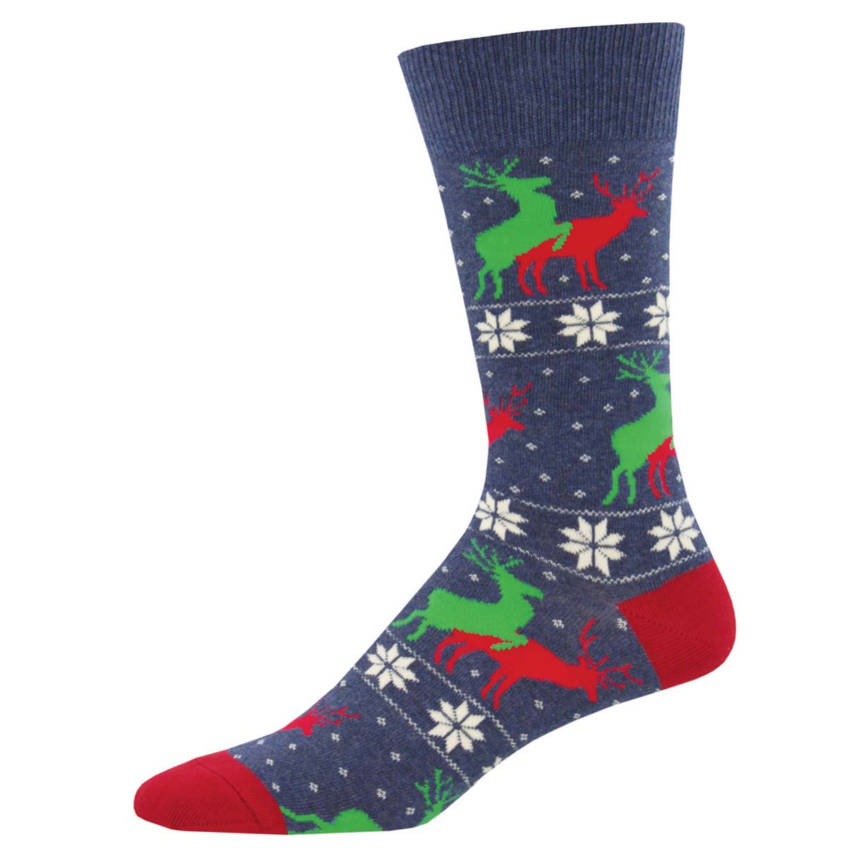 A pair of crew socks with a Christmas theme, featuring reindeer humping and snowflake patterns on a blue background with red trim.