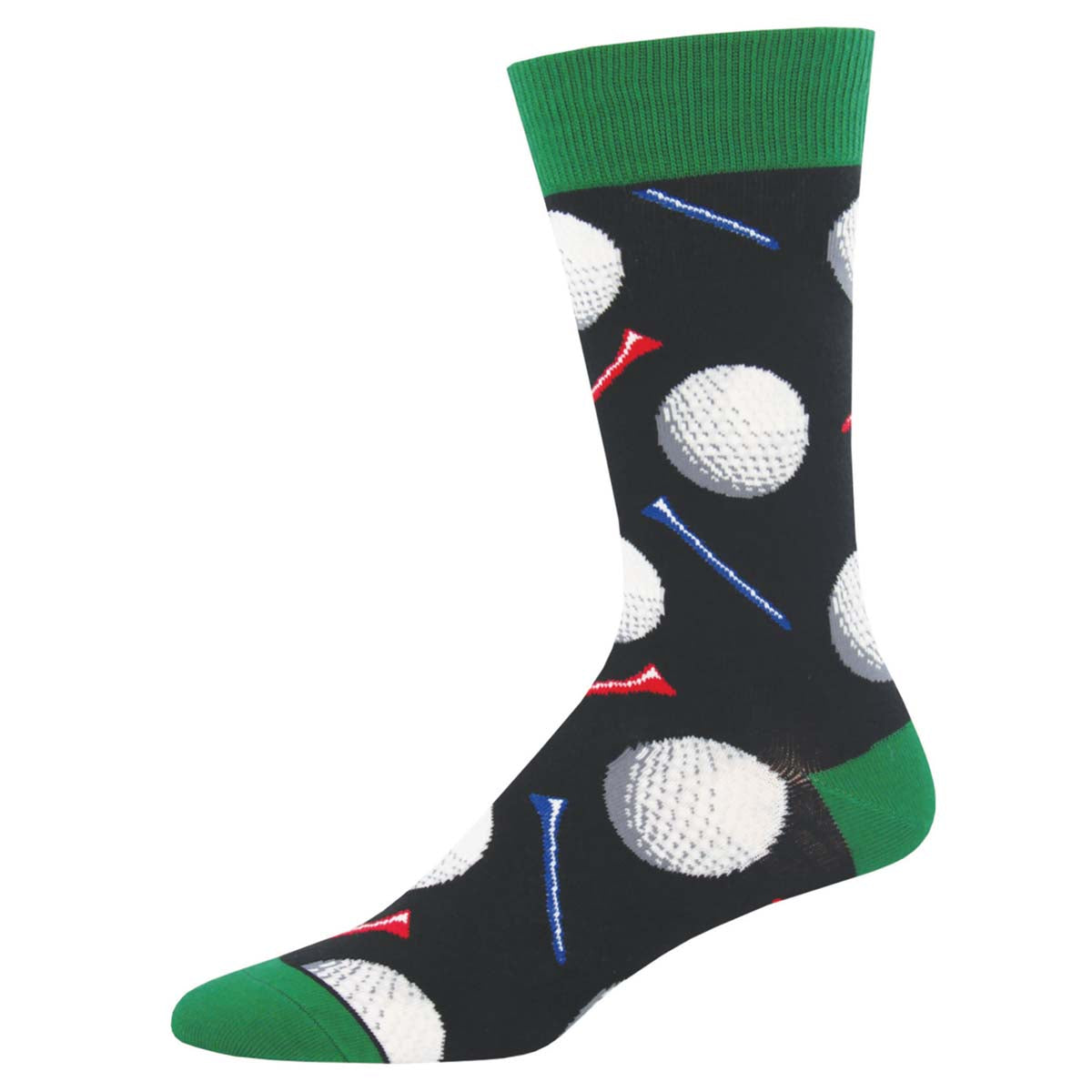 A pair of men's crew socks with a golf-themed pattern, featuring images of golf balls and tee markers on a black background with green cuffs.