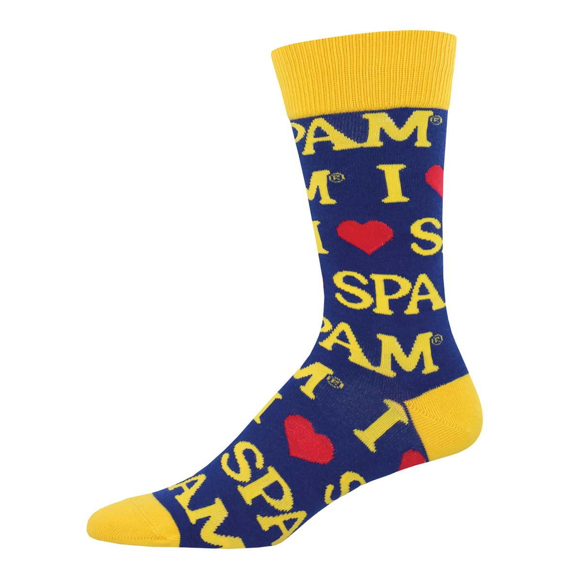Men's Cotton Crew Socks - I Heart SPAM Design - Blue and Yellow - Socksmith