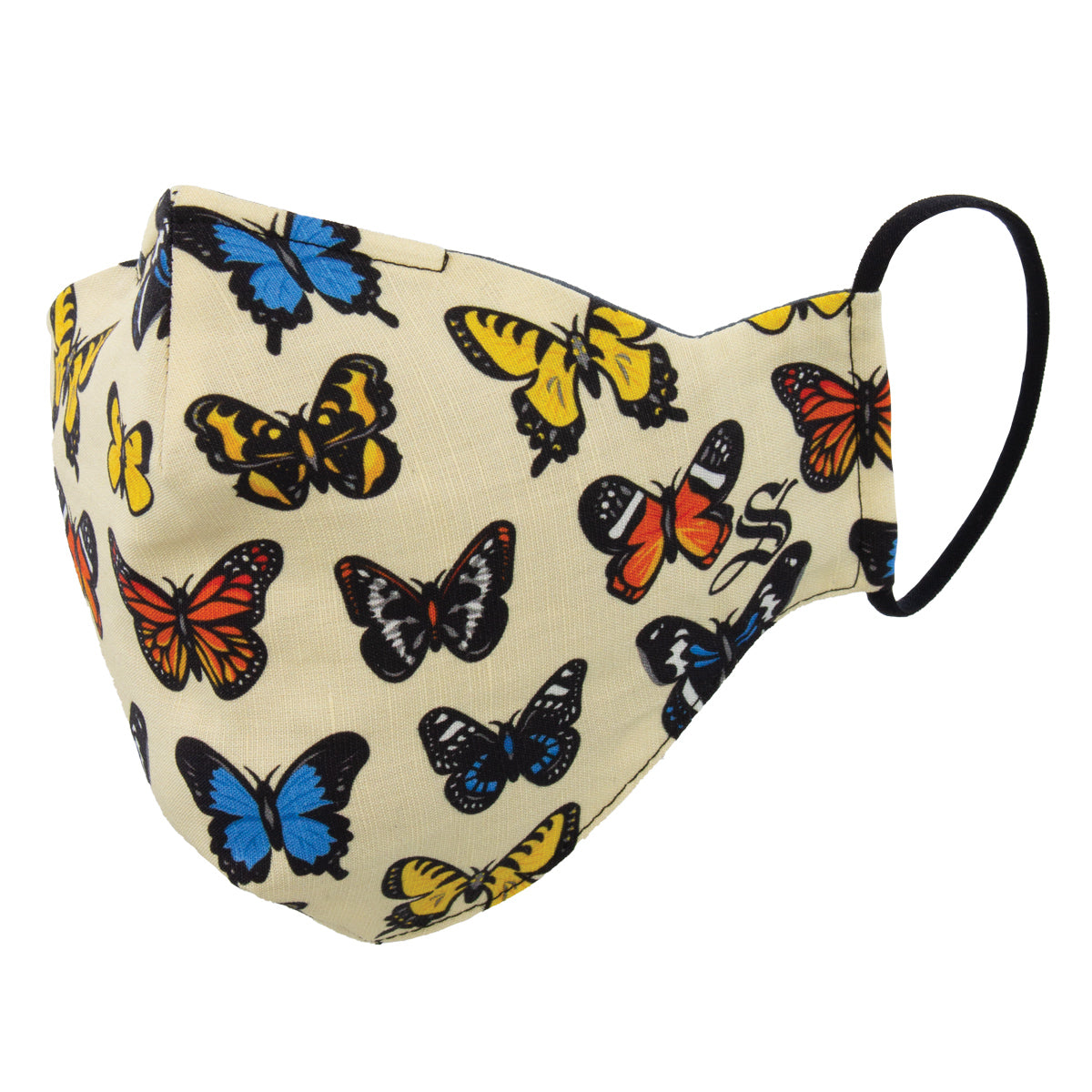 A fabric face mask with a pattern of colorful butterflies, featuring an adjustable ear loop and nose wire for a better fit.