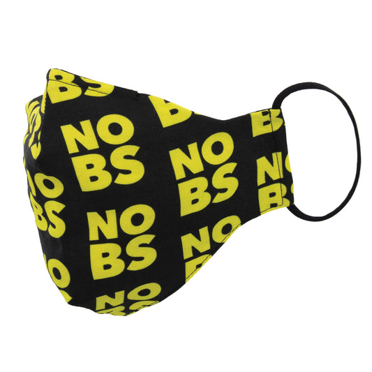 A black cotton face mask with the text 'NO BS' printed in yellow.