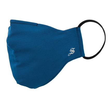 A solid blue face mask with an adjustable loop behind the ear and a metal strip across the nose bridge.