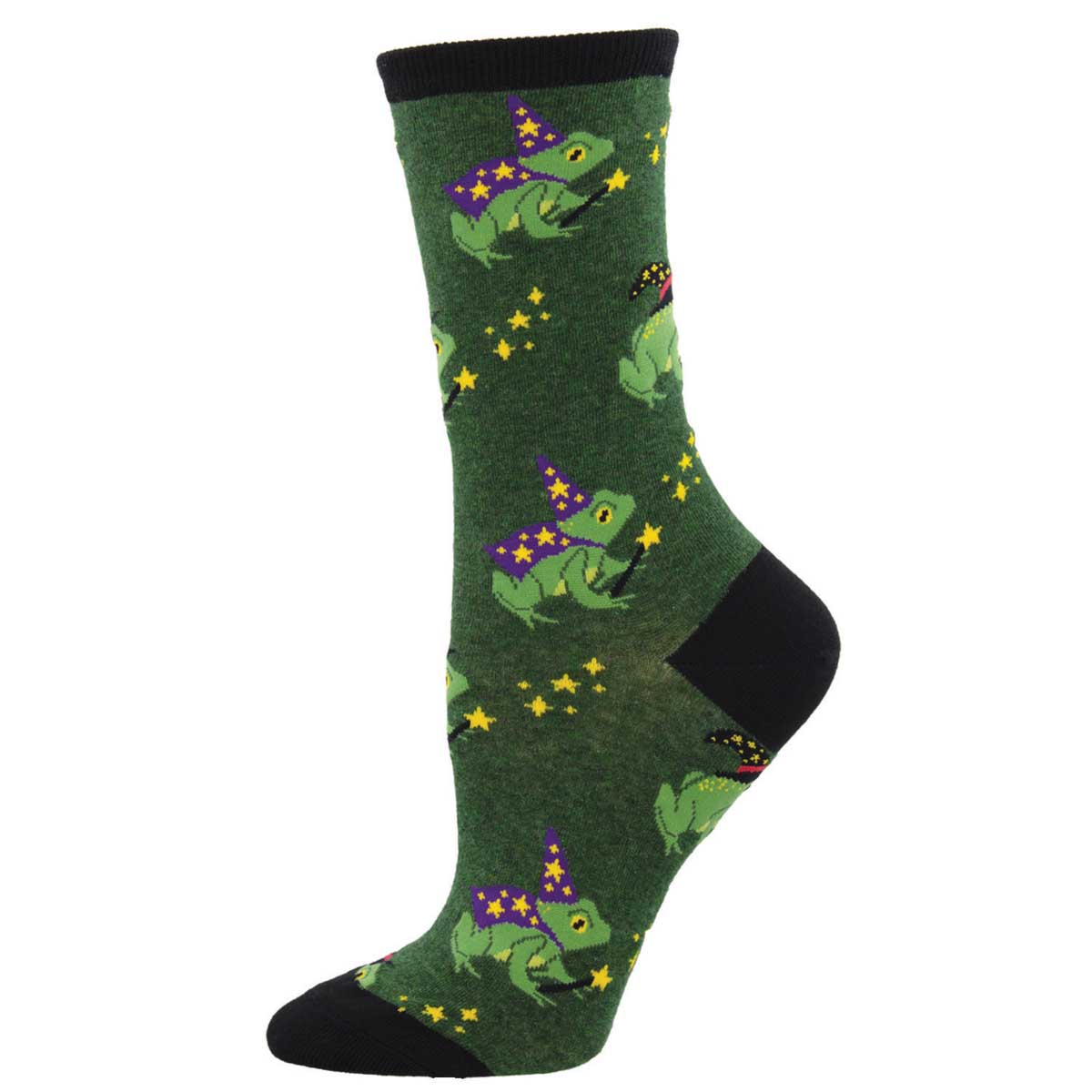 A pair of green novelty cotton crew socks featuring a pattern with cartoon frogs wearing wizard hats and magical motifs.