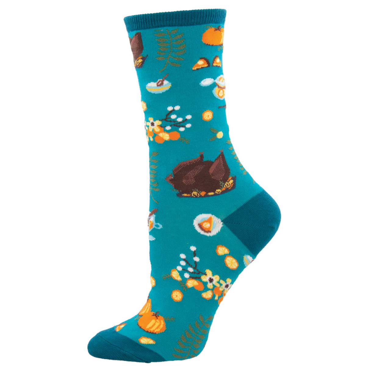 A pair of women's crew socks with a Thanksgiving theme, featuring illustrations of a turkey, pumpkins, and fall foliage on a blue background.