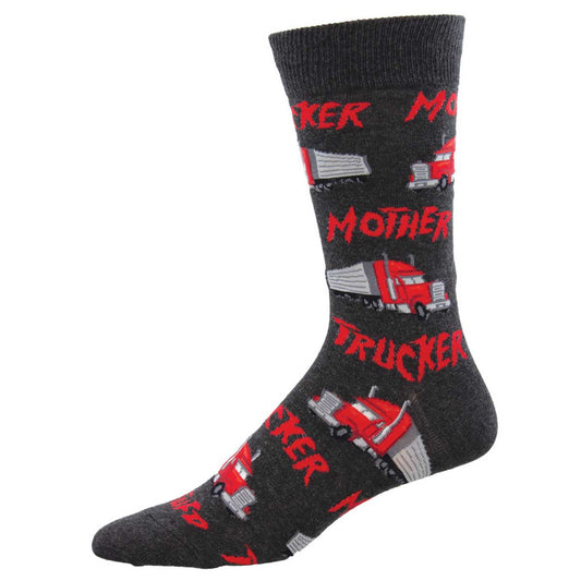 A pair of charcoal gray cotton crew socks with a red and gray truck pattern and the phrases 'Mother Trucker' printed in a repeating design.
