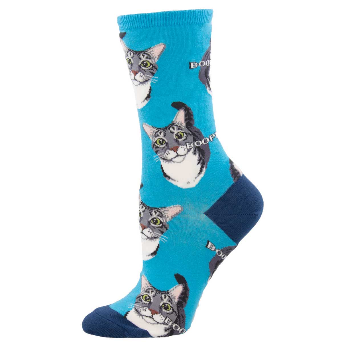 Women's Cotton Crew Socks - Funny Cat Boop Design - Blue - Socksmith