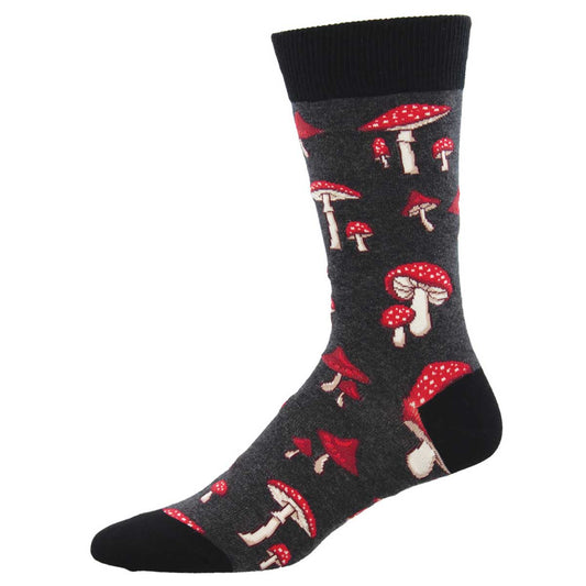 A pair of gray crew socks with a pattern of red and white mushrooms.