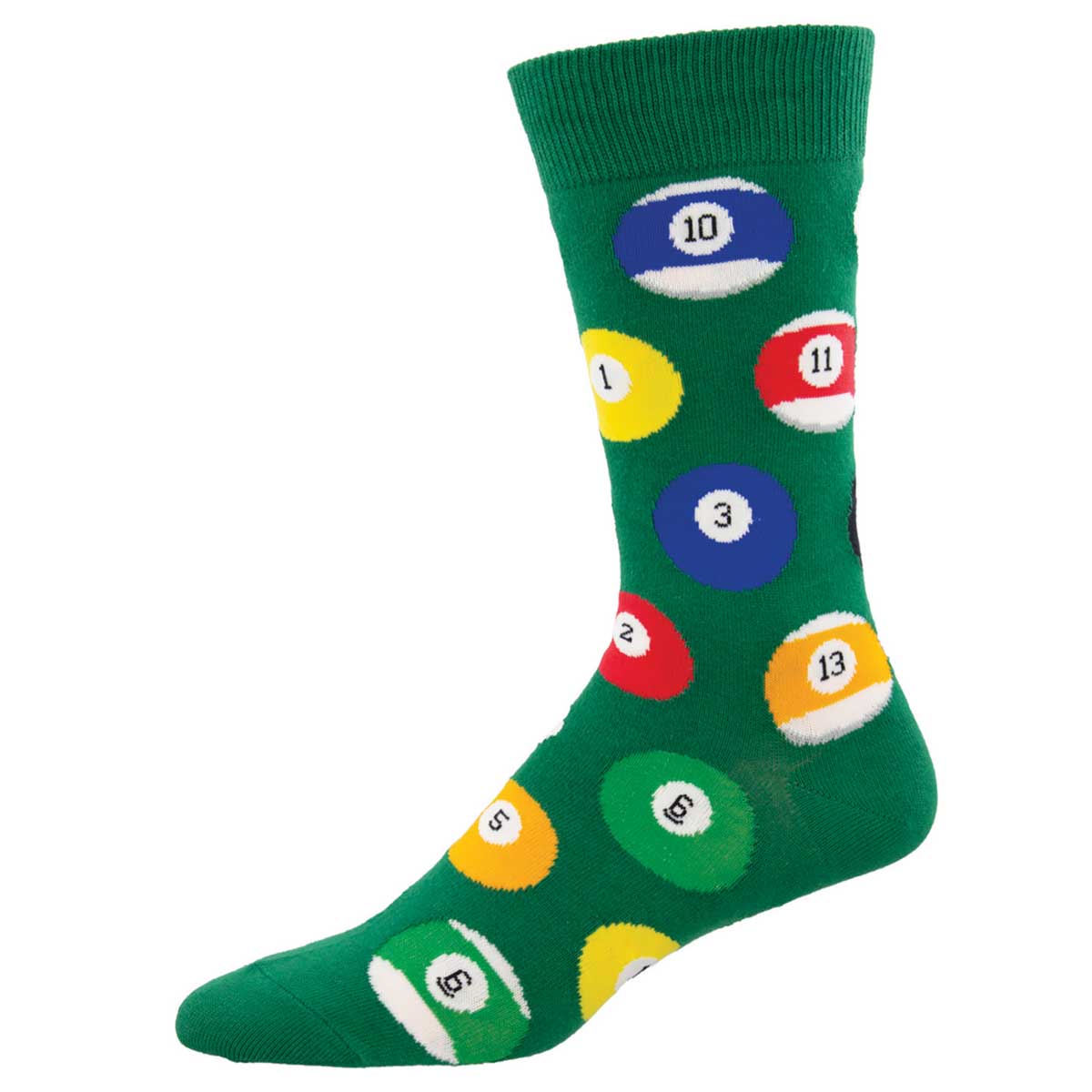 A green crew sock with a pattern of billiard balls in various solid and striped colors and with numbers on them.