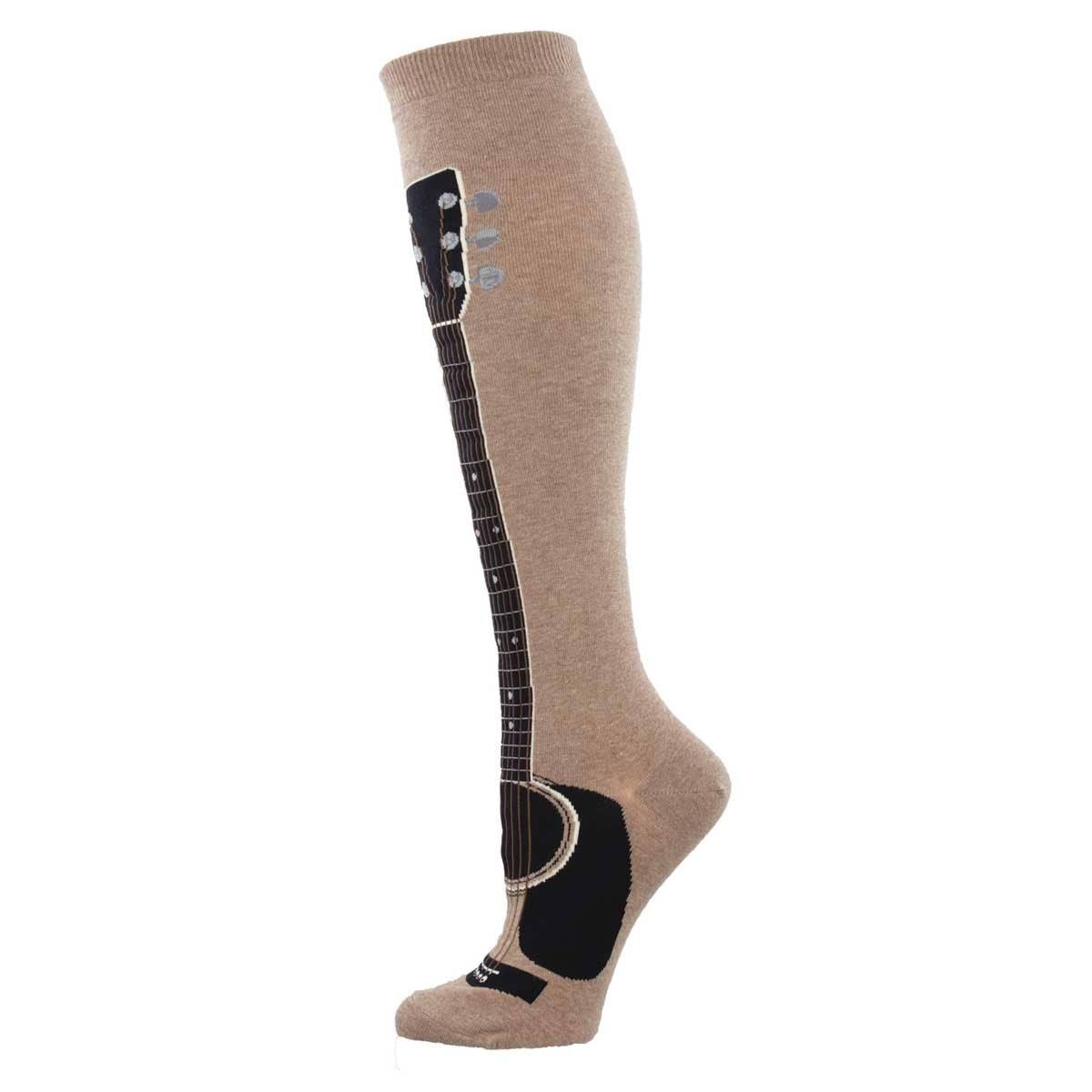 A beige knee-high sock with a graphic of a guitar on it.