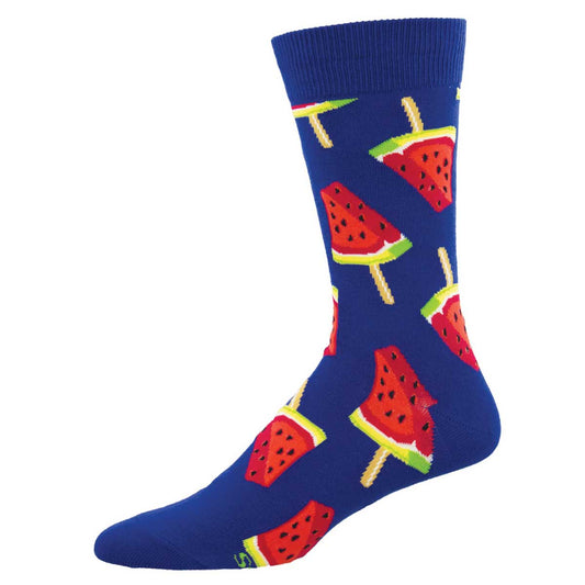 A pair of blue socks with a pattern of watermelon slices and popsicles.