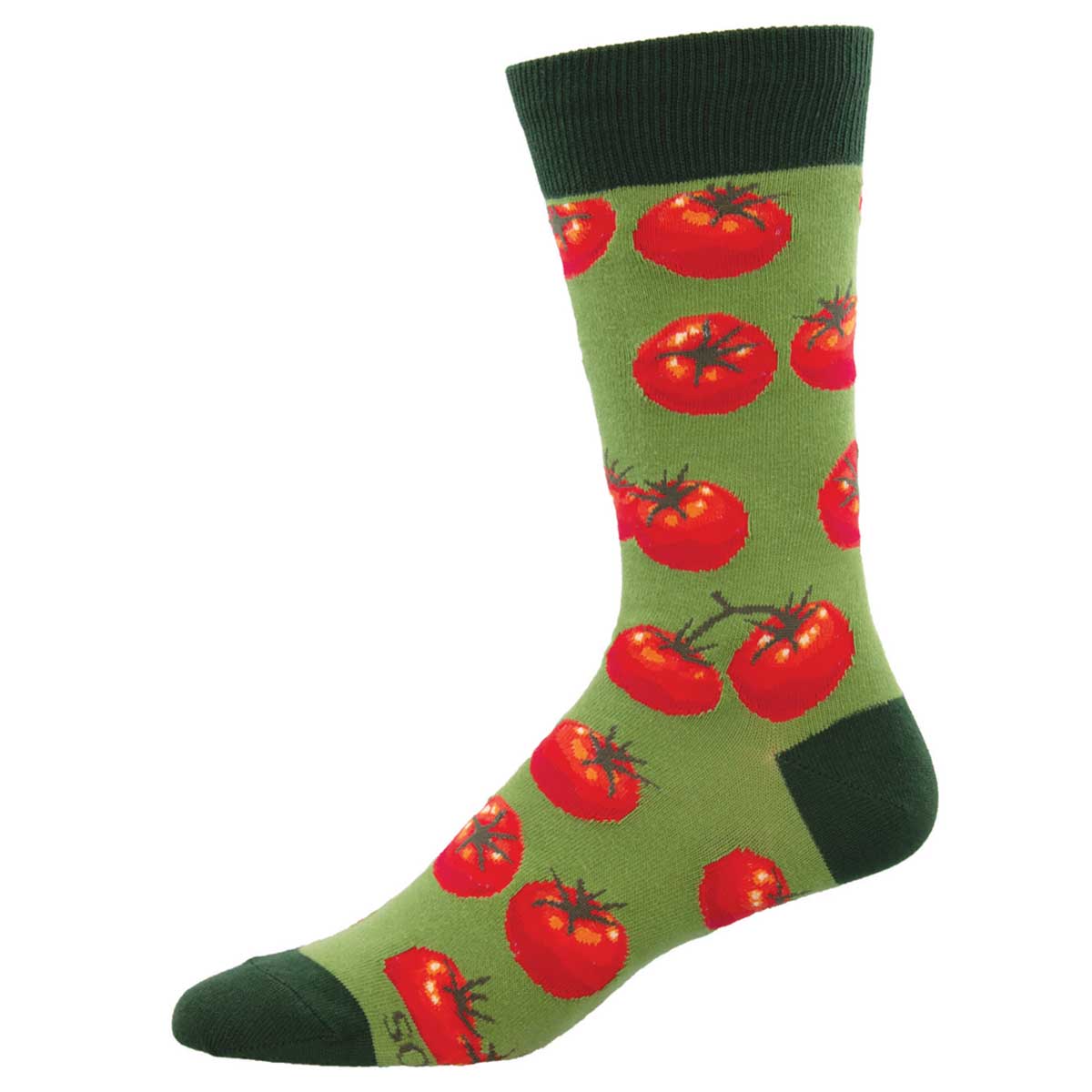 A pair of green crew socks with a pattern of red tomatoes and green leaves.