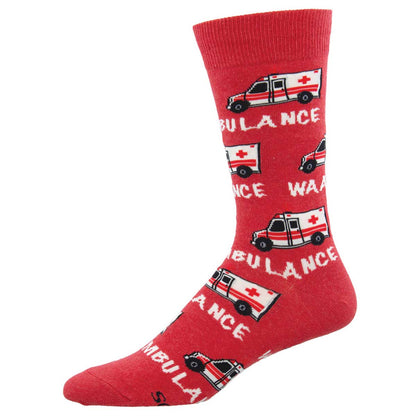 A pair of red crew socks with ambulance vehicle patterns and the text 'WAAMBULANCE' printed throughout.