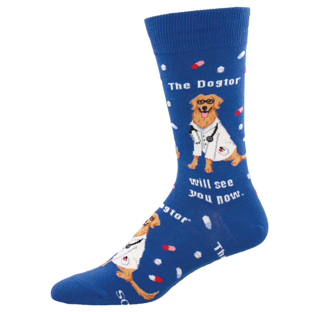 A pair of blue crew socks with a pattern featuring dogs in medical attire and text that reads 'The Dogtor will see you now.'