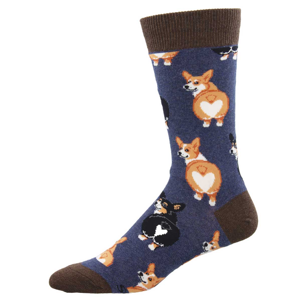 A pair of socks with a pattern of corgi dogs in various colors primarily on a blue background, with a brown cuff at the top.