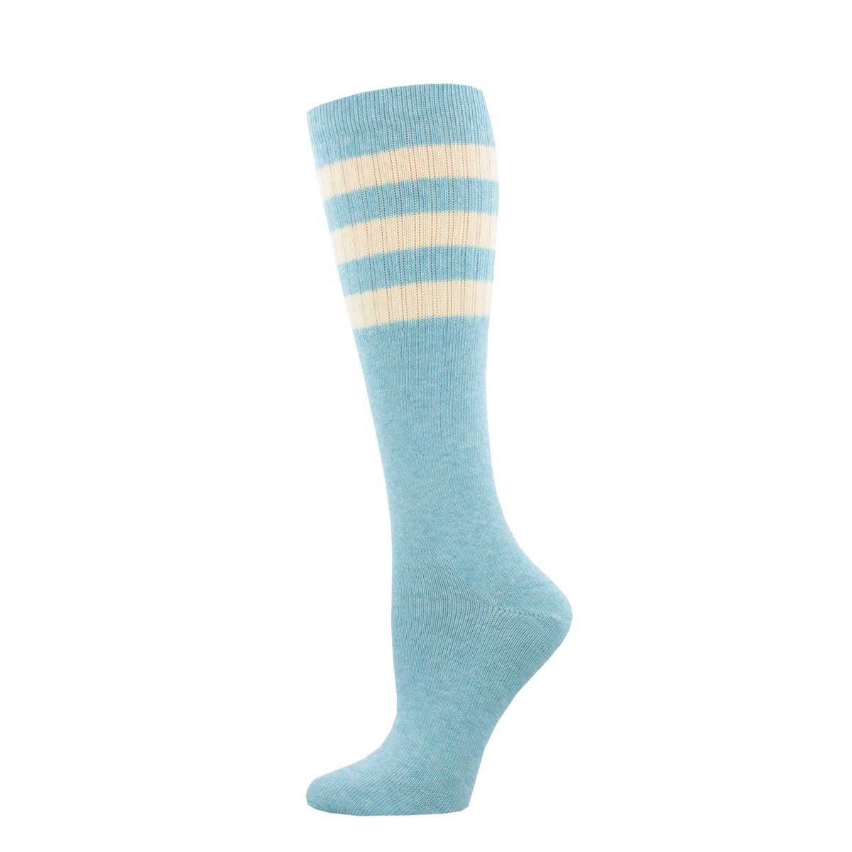 A pair of knee-high socks with a striped pattern of against a heathered baby blue background.