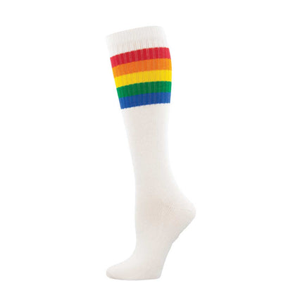 A pair of knee-high socks with a striped pattern in a rainbow of colors against a white background.