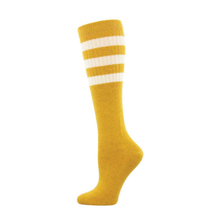 A pair of knee-high socks with a striped pattern of against a heathered gold background.