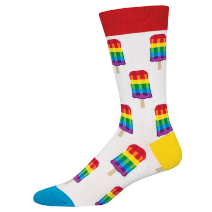 A pair of colorful socks with popsicle designs on a white background.