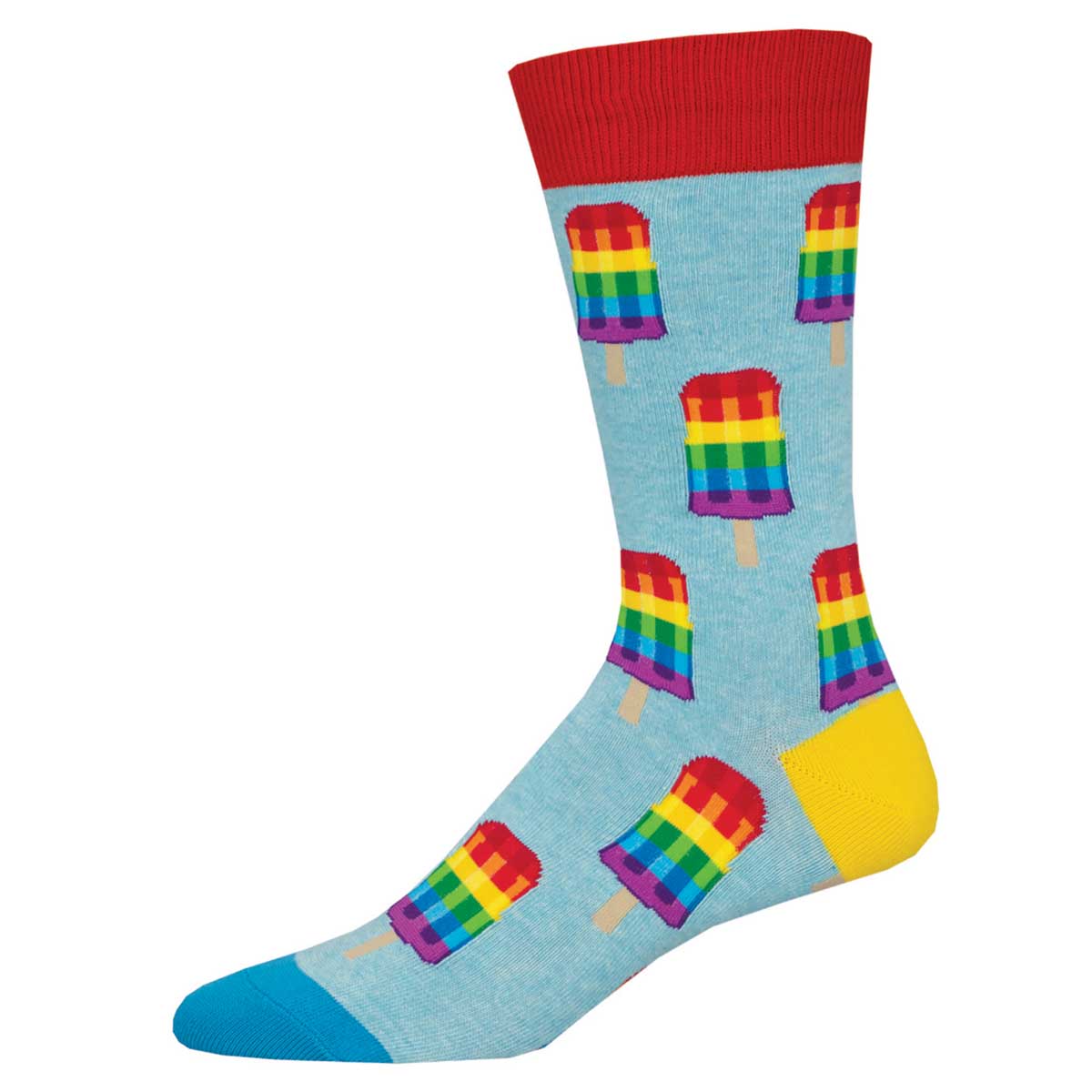 A pair of colorful socks with popsicle designs on a light blue background.
