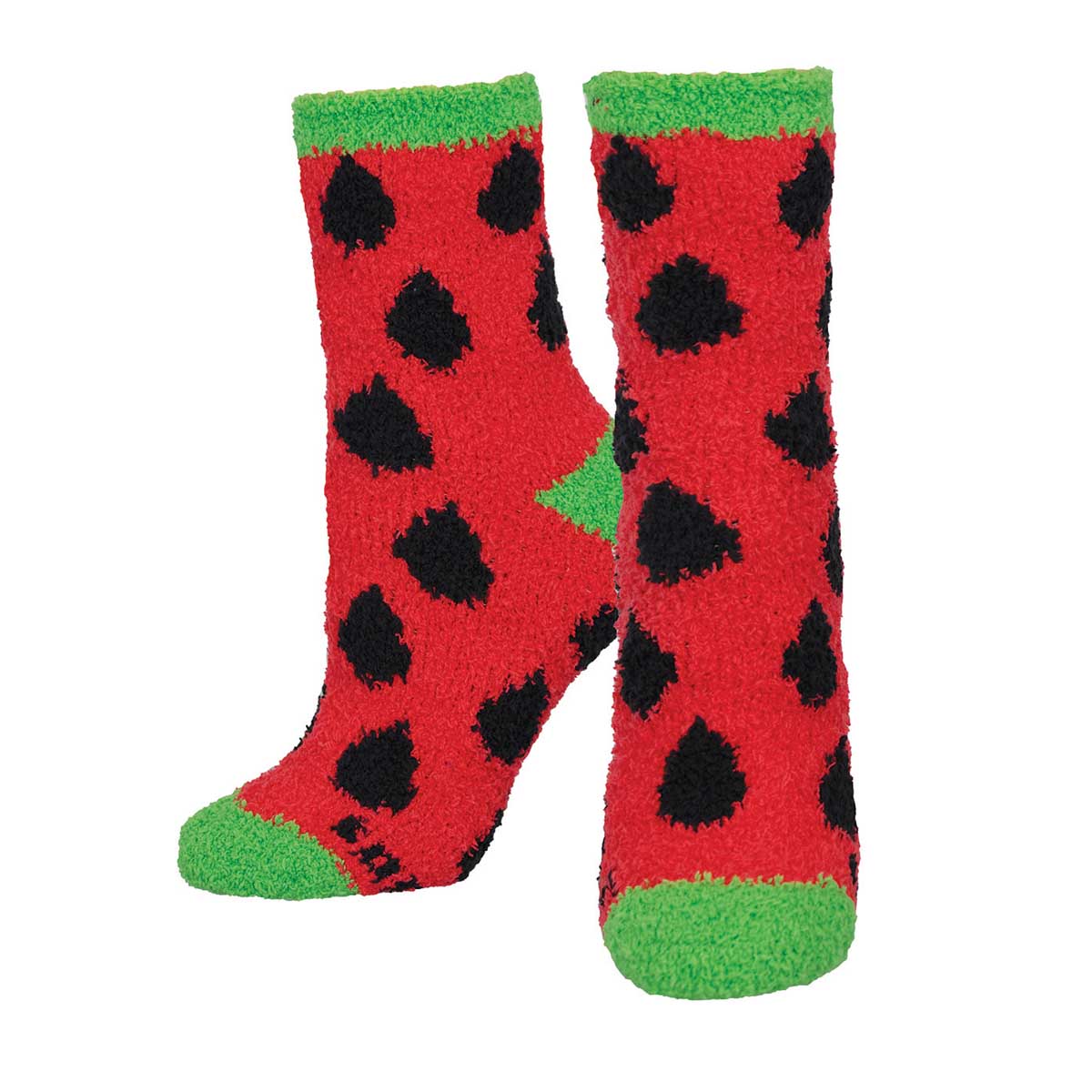 A pair of fuzzy socks designed to look like a watermelon with a red base color and green at the top, resembling watermelon rind and slices.