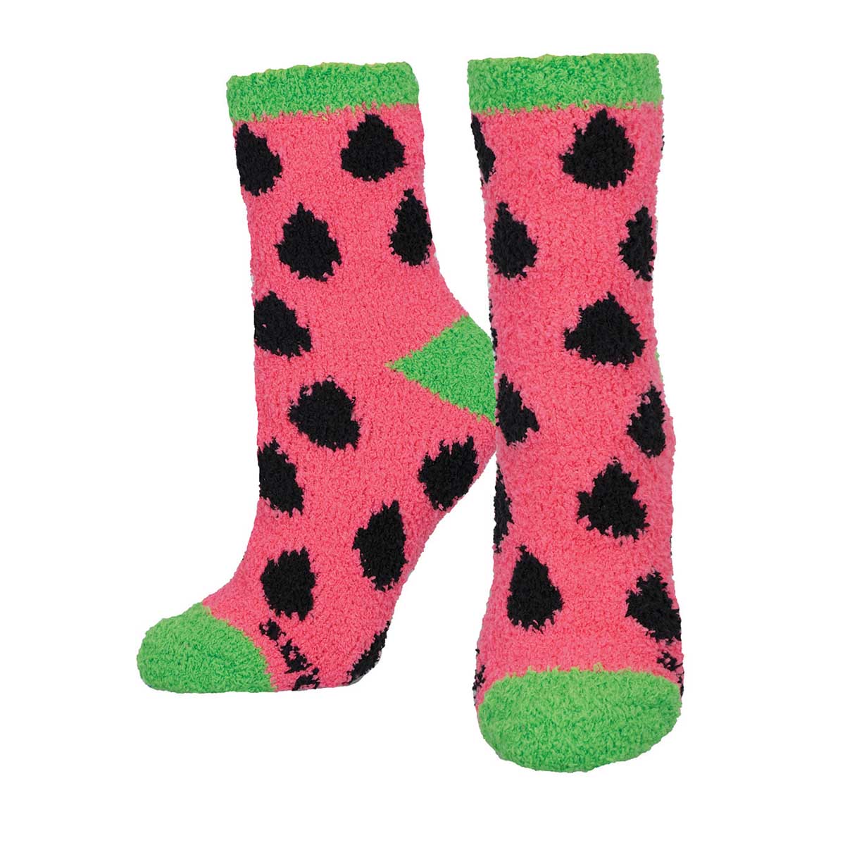 A pair of fuzzy socks designed to look like a watermelon with a pink base color and green at the top, resembling watermelon rind and slices.