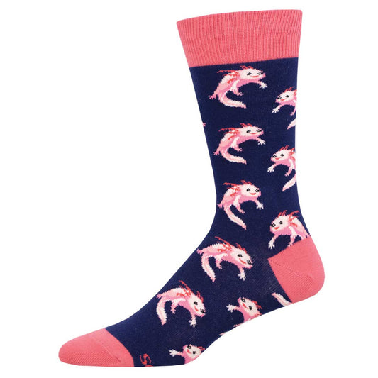 Men's Cotton Crew Socks - Cute Axolotl Design - Blue and Pink - Socksmith