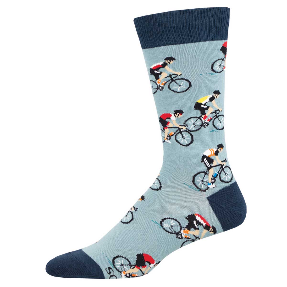 A pair of men's crew socks with a cycling theme, showing various cyclists on a light blue background with dark blue trim at the top and bottom.