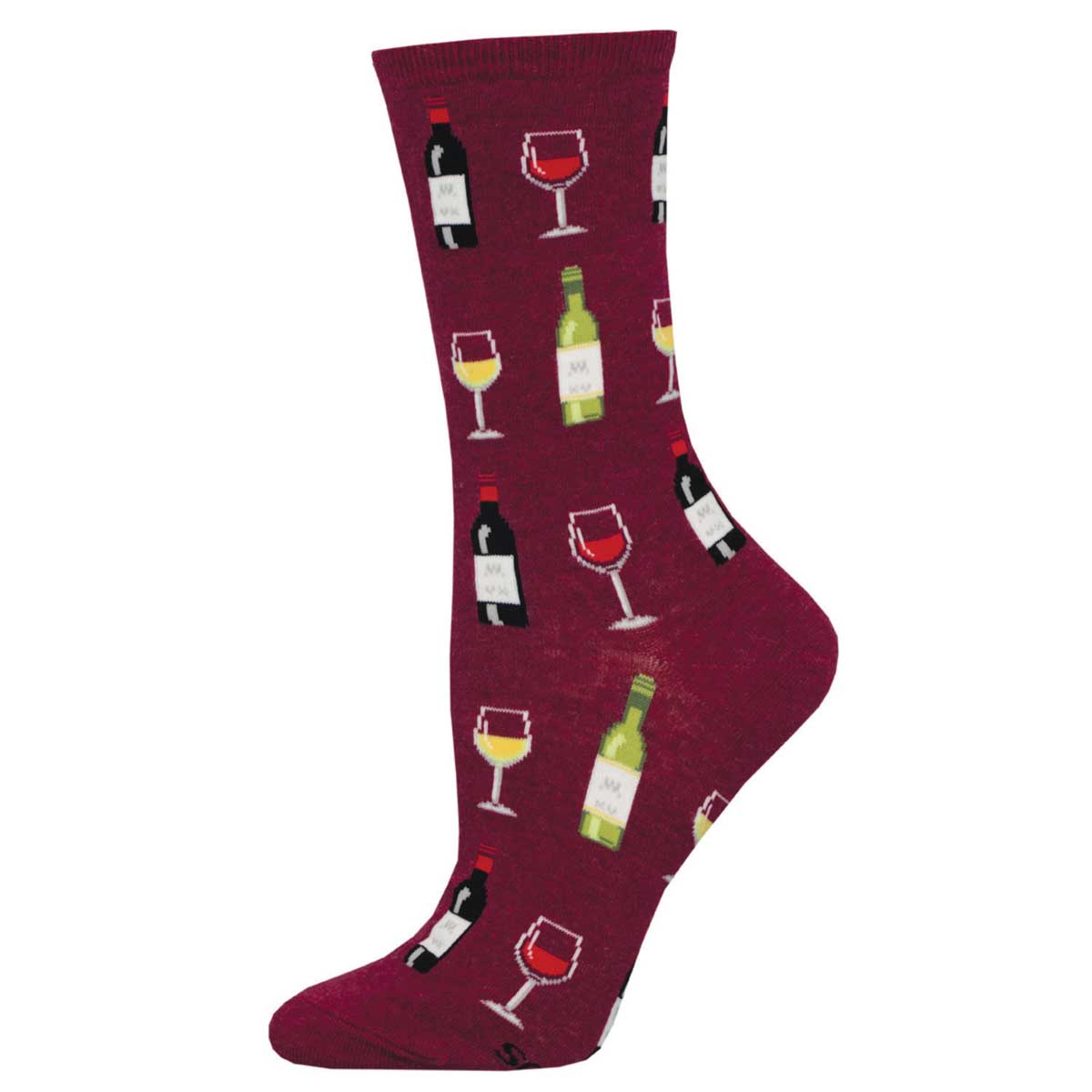 A pair of maroon socks with a pattern of wine bottles and glasses.