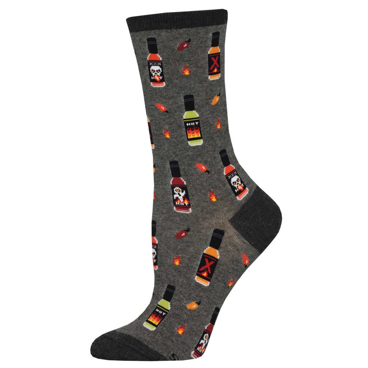 A pair of women's crew socks with a pattern of various hot sauces and spicy motifs, predominantly in gray with multicolored accents.