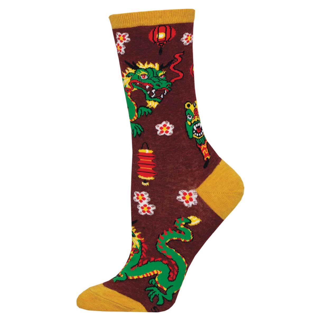 A pair of colorful crew socks with a dragon pattern and floral accents on a red background.