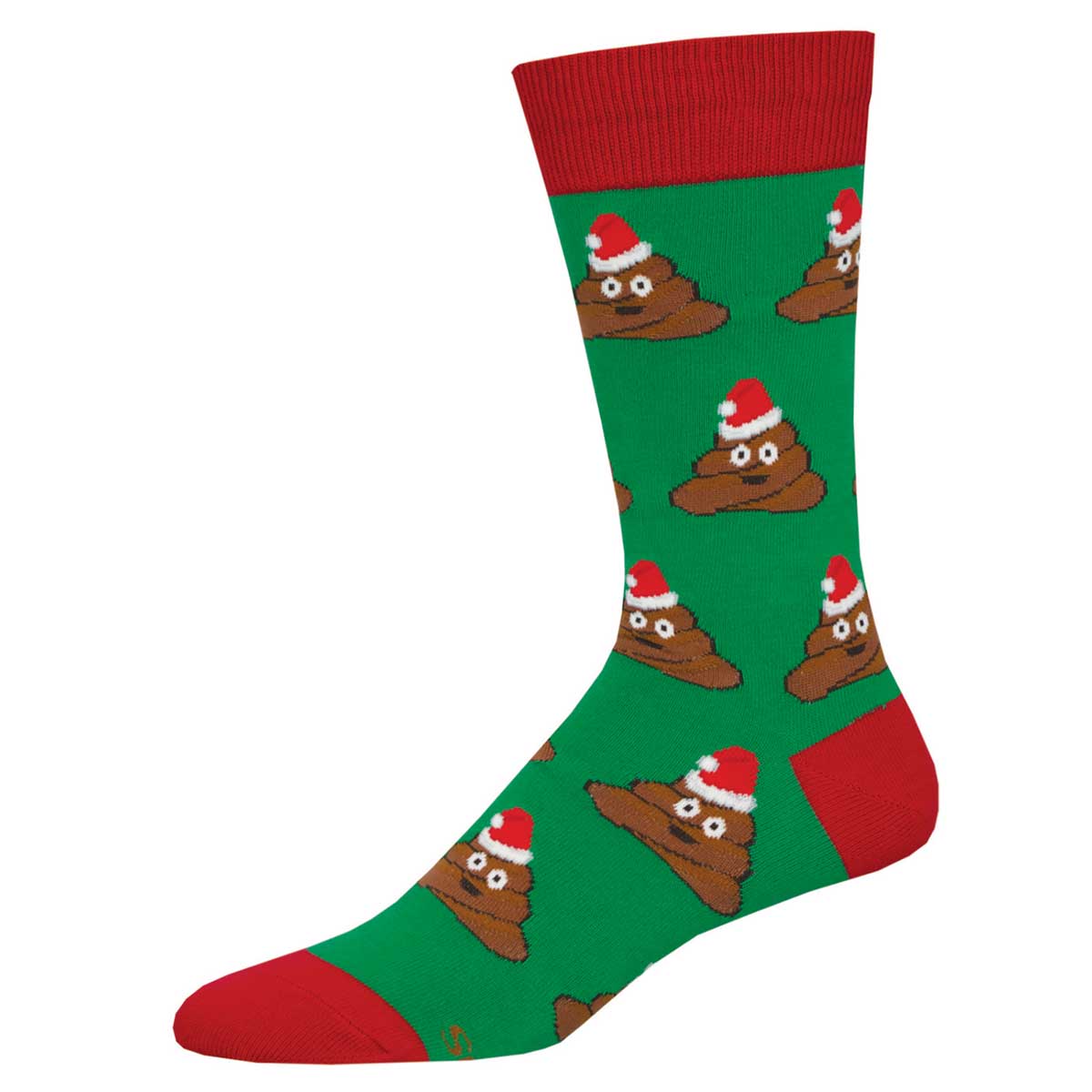 A pair of men's crew socks with a Christmas theme, featuring cartoon poop icons wearing Santa hats against a green background with red trim.