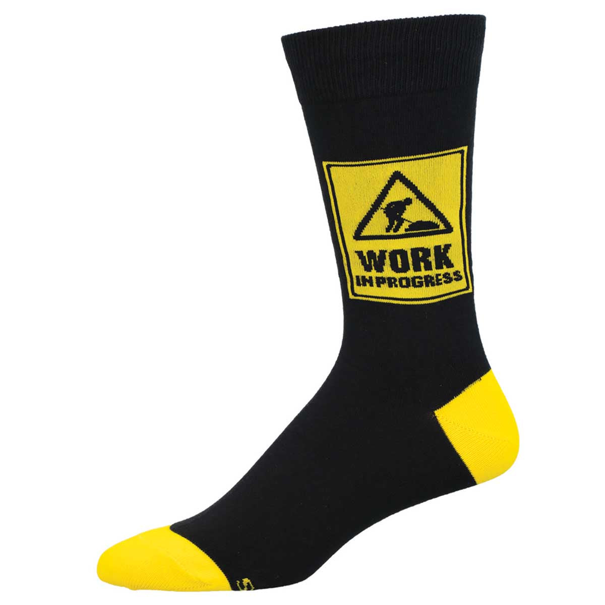 A pair of black cotton crew socks with a 'Work In Progress' text and construction sign graphic in yellow.