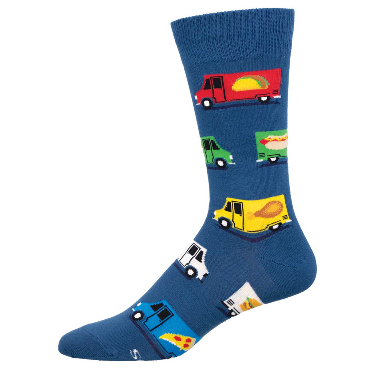 A pair of blue socks with a pattern of various food trucks.