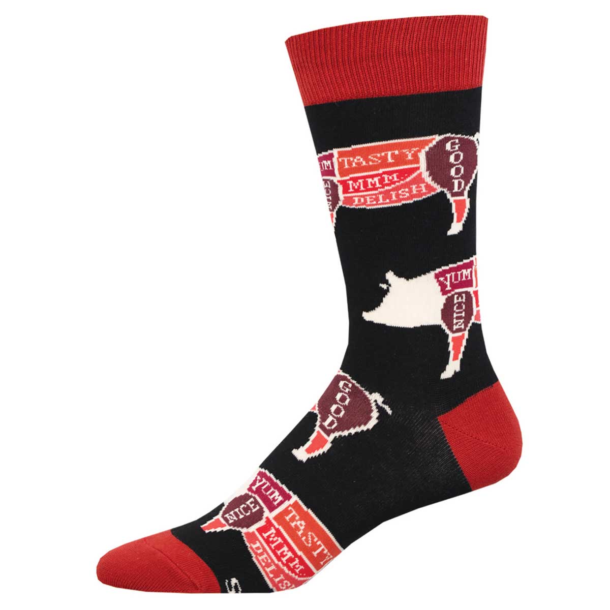 A pair of black crew socks with red trim featuring text and graphics related to pork and cooking, such as 'pork tenderloin' and 'bacon'.