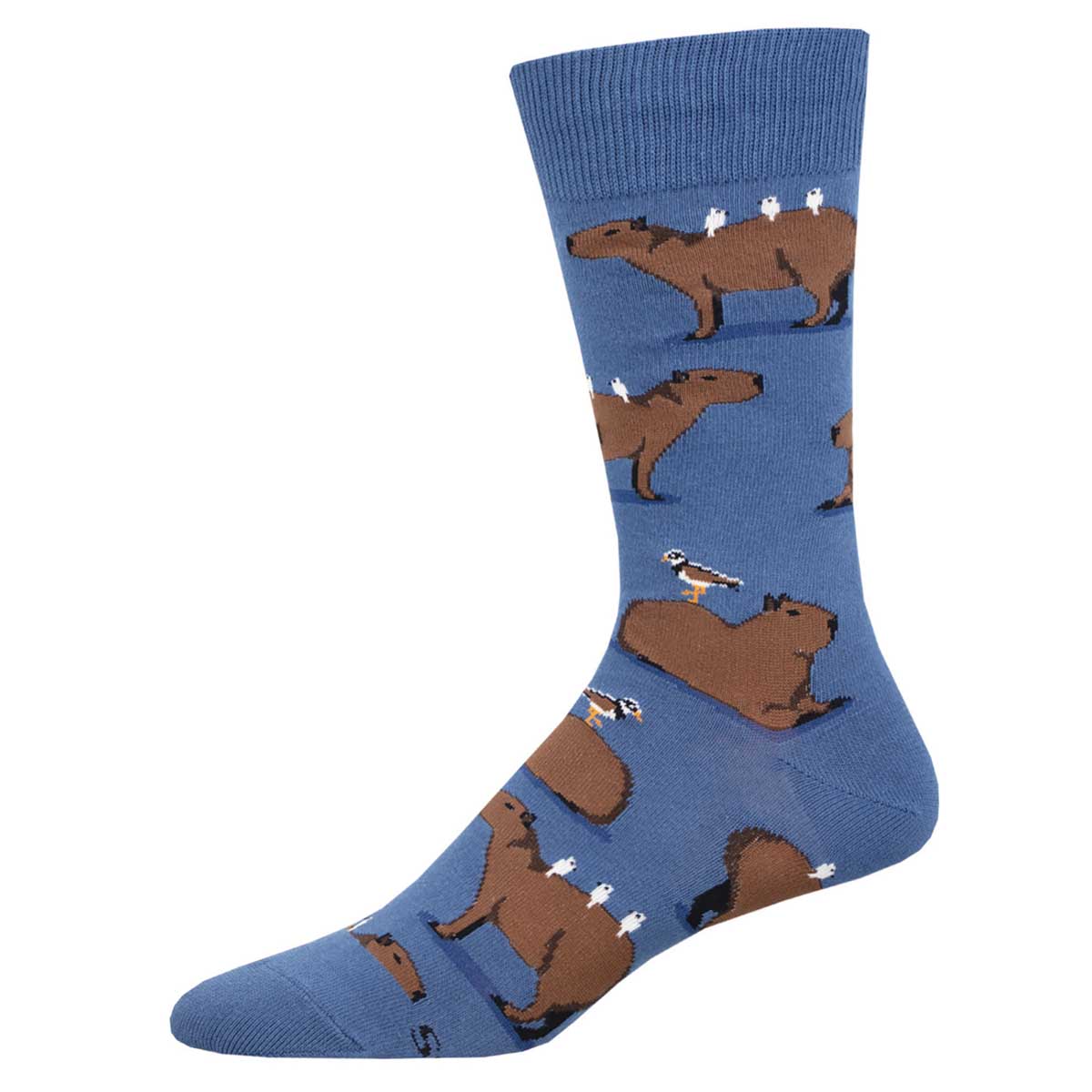A pair of blue crew socks with a pattern of brown capybaras.