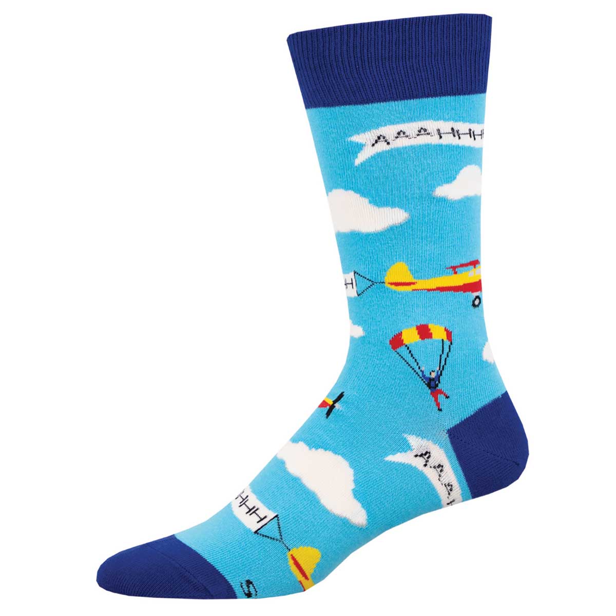 A pair of socks with a pattern that includes clouds, airplanes, and parachutes, predominantly light blue with dark blue cuffs.