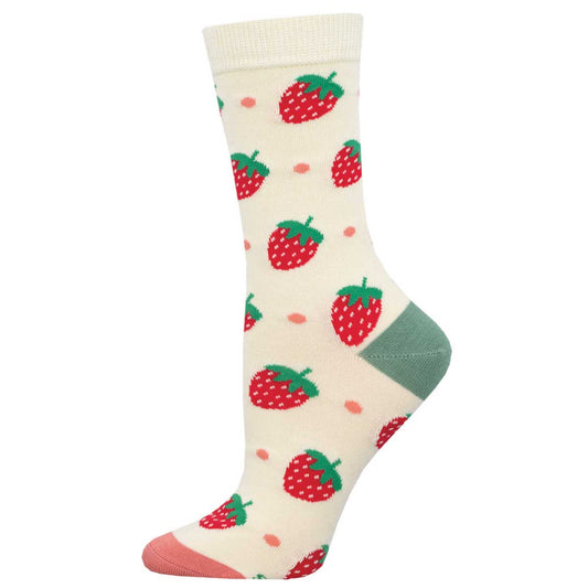 A pair of women's bamboo socks with a pattern of red strawberries with green leaves on a cream-colored background.