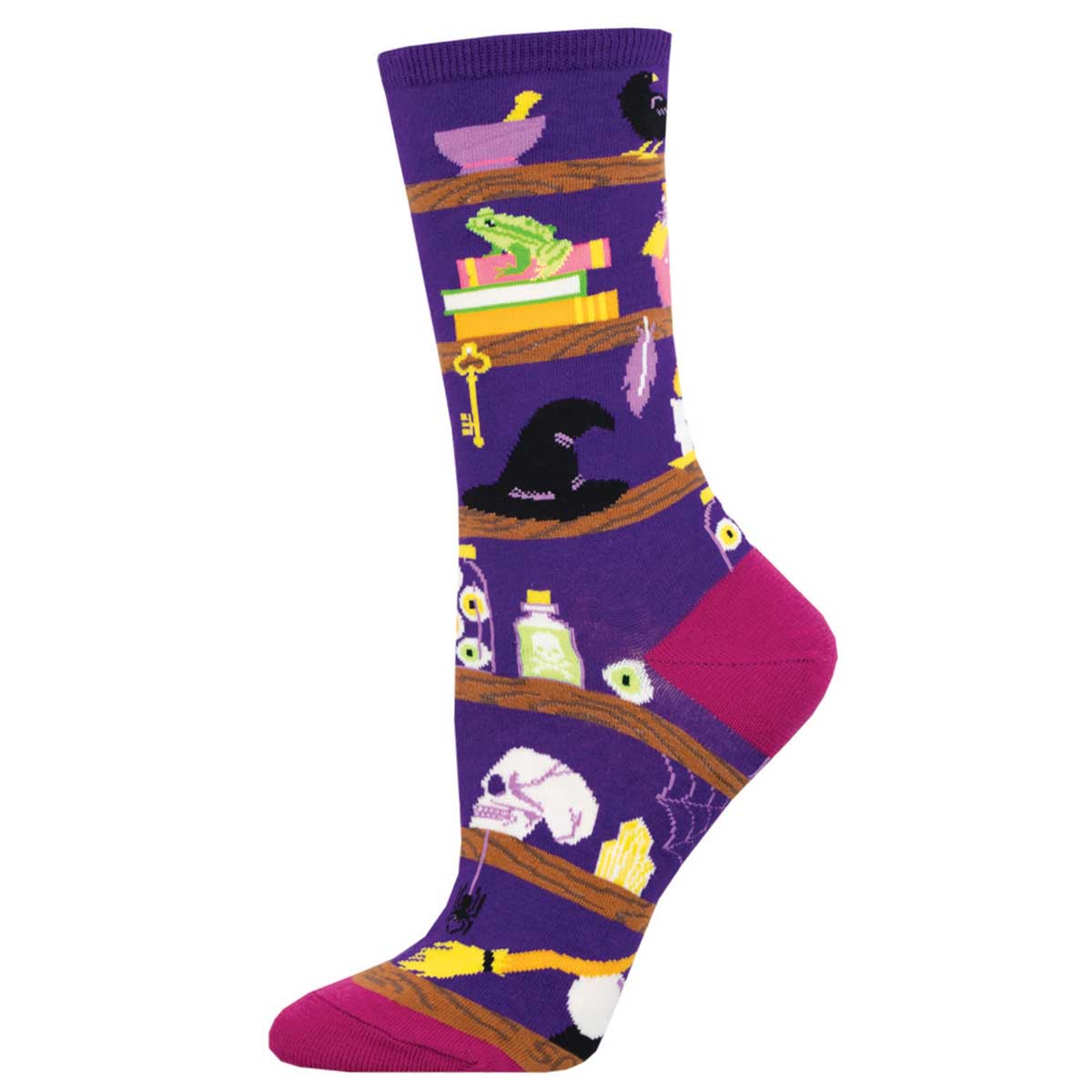 A pair of purple cotton crew socks with a Halloween-themed design, featuring illustrations of a witch, books, a skull, and potion bottles.