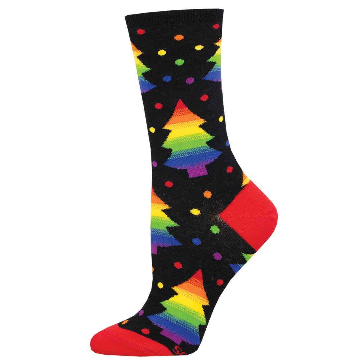 A pair of colorful holiday socks with a Christmas tree pattern and red heel and toe.