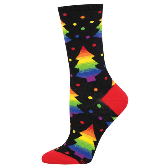 A pair of colorful holiday socks with a Christmas tree pattern and red heel and toe.